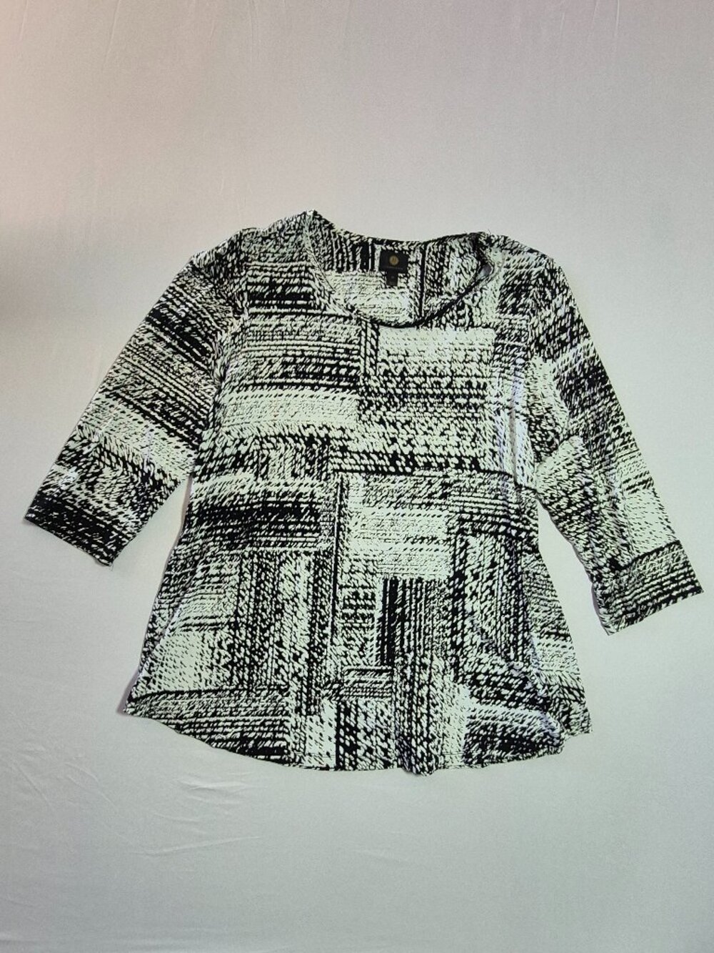 JM Collection Blouse 2X Black White Abstract Print Gold Metallic 3/4 Sleeves